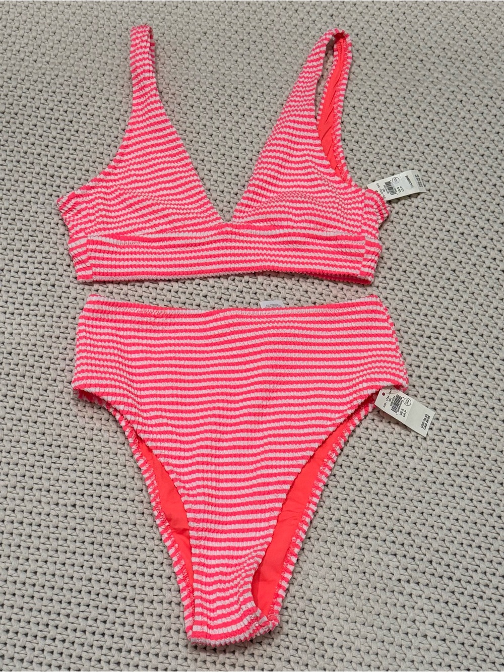 NWT Aerie Bright Coral Pink and White Striped Bikini - Size Small